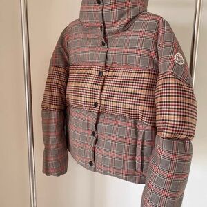 Moncler Gray and Red Checkered Puffer Jacket